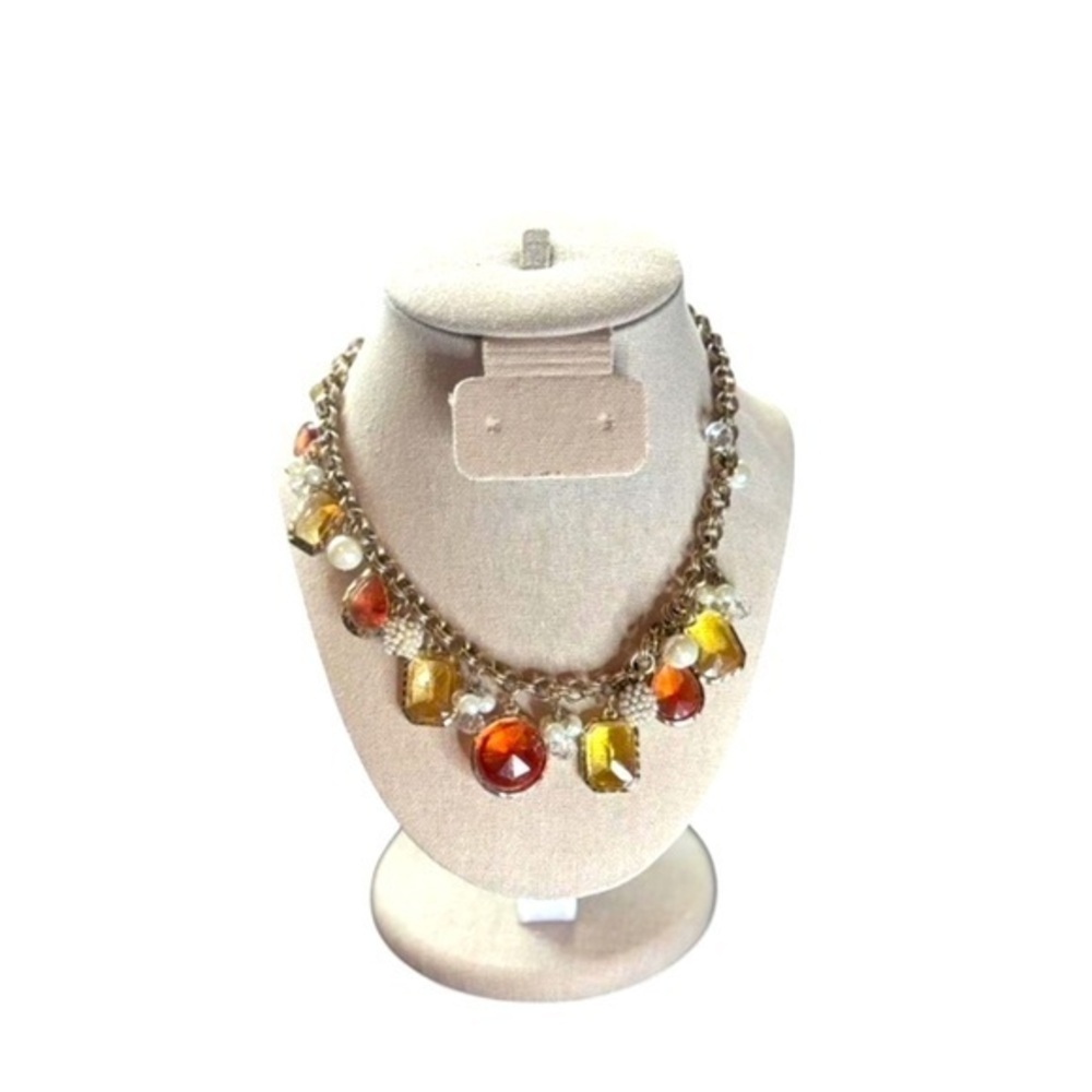 White House Black Market Gold Tone Statement Necklace Orange Yellow Beads